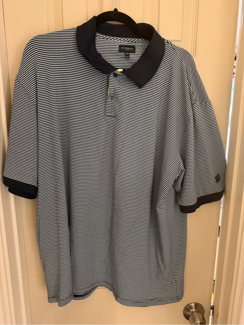 Burberry Navy and White Thin-Striped Polo